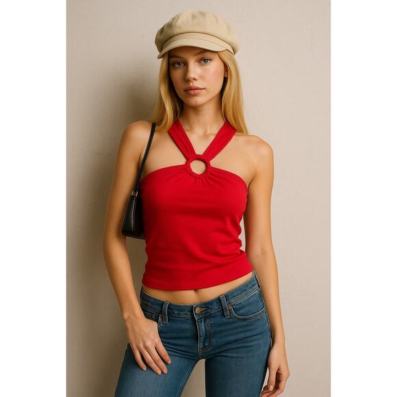 Moda International Y2K O Ring Halter Tank Top Candy Apple Red Holiday M New - Picture 1 of 7